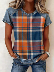 Women's Vintage Plaid Pattern Denim Patchwork Top