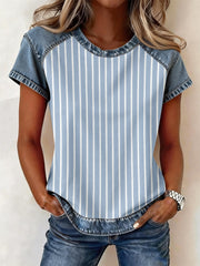 Women's Striped Pattern Denim Patchwork Top