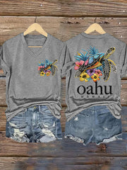Women's Oahu Hawaii Sea Turtle Oahu Strong Print V-Neck Tee