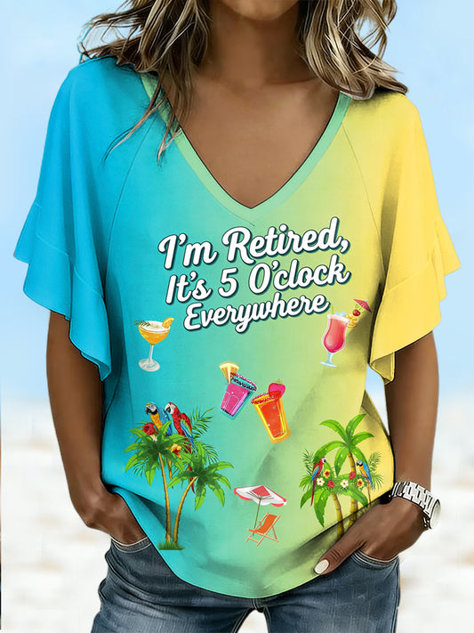 Women's I'm Retired, It‘s 5 O'clock Everywhere Gradient Print Casual Ruffle Sleeve V-Neck Tee