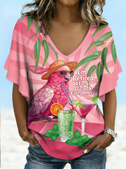 Women's I'm Retired, It‘s 5 O'clock Everywhere Parrot Print Casual Ruffle Sleeve V-Neck Tee