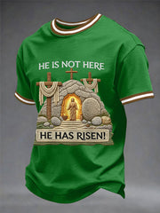 Men's He Is Not Here He Has Risen Easter Jesus Christian Cross Print Casual Tee