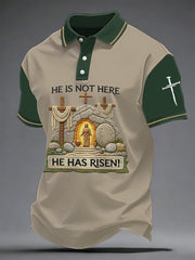 Men's He Is Not Here He Has Risen! Jesus Christian Cross Print Casual Polo