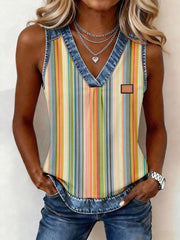Women's Striped Pattern Denim Patchwork Top
