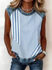 Women's Simple Striped Pattern Denim Patchwork Sleeveless Top