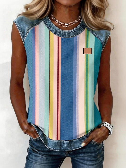Women's Striped Pattern Denim Patchwork Sleeveless Top