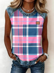 Women's Plaid Pattern Denim Patchwork Sleeveless Top