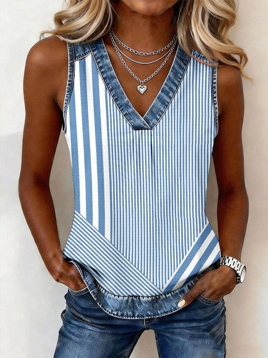 Women's Simple Striped Pattern Denim Patchwork V-Neck Top