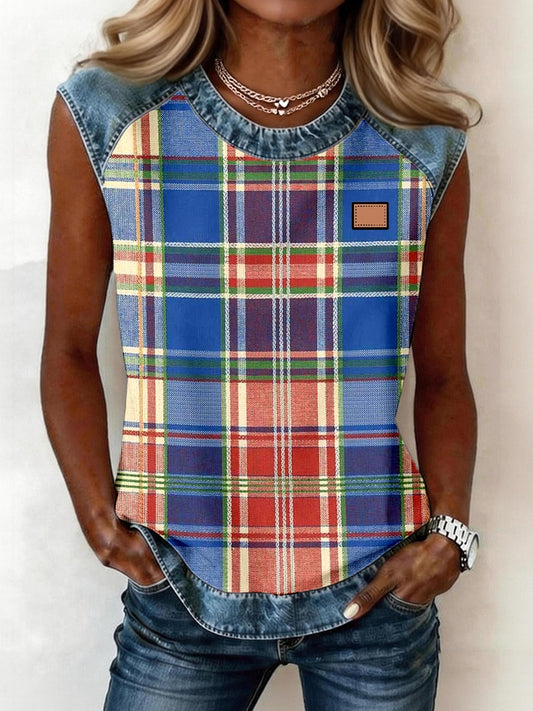 Women's Plaid Pattern Denim Patchwork Sleeveless Top