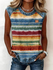 Women's Abstract Art Striped Pattern Denim Patchwork Sleeveless Top