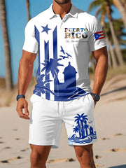 Men's Puerto Rico Print Vacation Top And Shorts Set