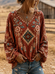 Women's Retro Western Ethnic Feather Aztec Print Casual V-Neck Long-Sleeve Shirt