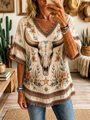 Women's Retro Western Bull Skull Print Casual Tassel Shirt