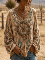 Women's Retro Western Ethnic Feather Print Casual V-Neck Long-Sleeve Shirt