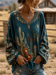 Women's Retro Western Print Casual V-Neck Long-Sleeve Shirt