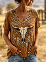 Women's Retro Western Ethnic Bull Skull Print Casual V-Neck Shirt