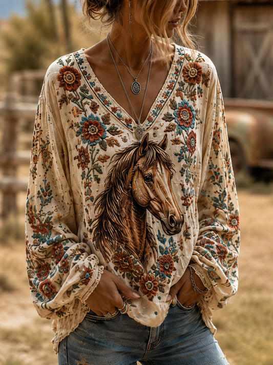 Women's Retro Western Floral Horse Print Casual V-Neck Long-Sleeve Shirt