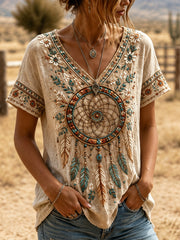 Women's Retro Western Ethnic Feather Print Casual V-Neck Shirt