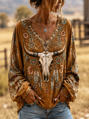 Women's Retro Western Ethnic Feather Bull Skull Print Casual V-Neck Long-Sleeve Shirt