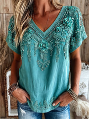 Women's Vintage Western Turquoise Floral Print linen short-sleeved T-shirt