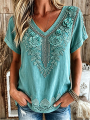Women's Vintage Western Turquoise Floral Print linen short-sleeved T-shirt