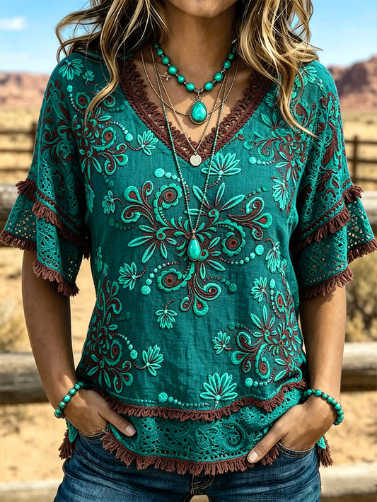 Women's Western Style Flower Pattern Printed Cotton-Linen Shirt