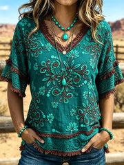 Women's Western Style Flower Pattern Printed Cotton-Linen Shirt