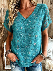 Women's Western Style Flower Pattern Printed Leisure Long Sleeve T-shirt
