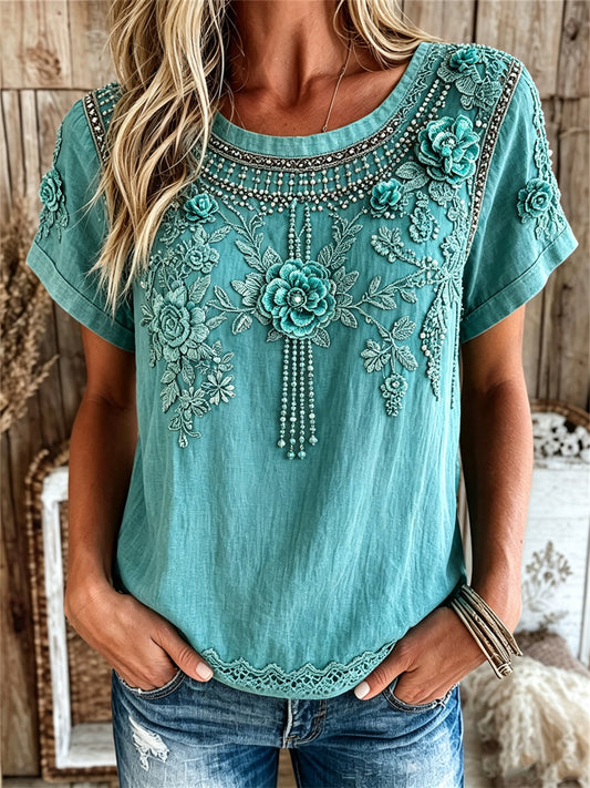Women's Vintage Western Turquoise Floral Print linen short-sleeved T-shirt