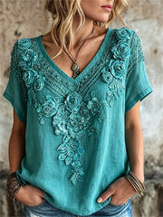 Women's Vintage Western Turquoise Floral Print linen short-sleeved T-shirt
