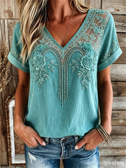 Women's Vintage Western Turquoise Floral Print linen short-sleeved T-shirt