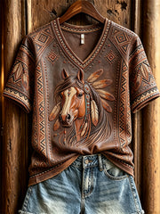 Women's Vintage Western Horse Ethnic Leather Art Print V-neck short-sleeved T-shirt