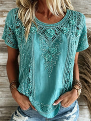 Women's Vintage Western Turquoise Floral Print linen short-sleeved T-shirt