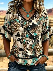 Women's Western-style Pattern Printed Casual Cotton-Linen Shirt