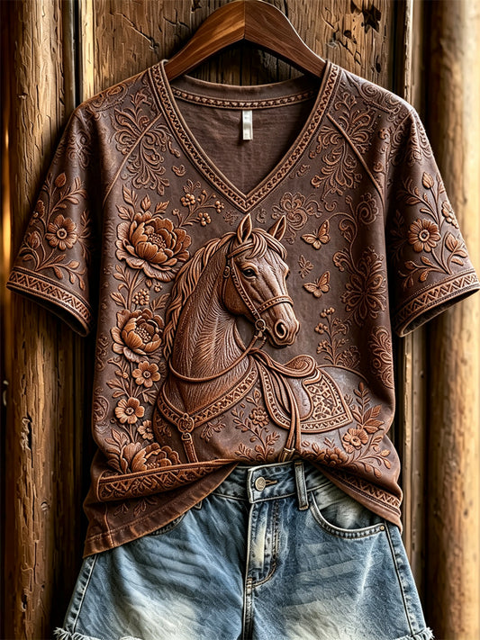 Women's Vintage Western Horse Floral Leather Art Print V-neck short-sleeved T-shirt