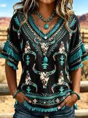 Women's Western-style Pattern Printed Cotton-Linen Shirt