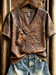 Women's Vintage Western Horse Ethnic Leather Art Print V-neck short-sleeved T-shirt