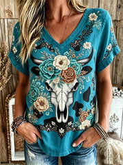 Women's  western-style pattern printed casual linen short-sleeved T-shirt