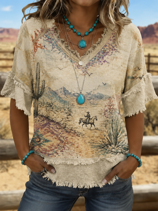 Women's Western-style print Cotton-Linen Shirt