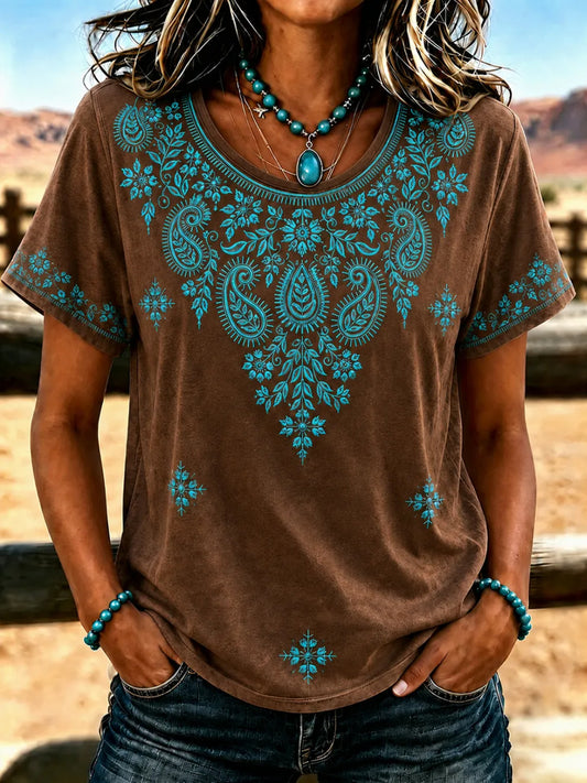 Women's Vintage Western  Art Printed Round Neck T-Shirt
