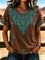 Women's Vintage Western  Art Printed Round Neck T-Shirt
