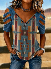 Women's Vintage Western  V-neck zipper T-shirt