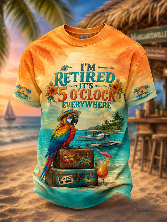 Men's I'm Retired It's 5 O'clock Everywhere Parrot Print Casual Tee