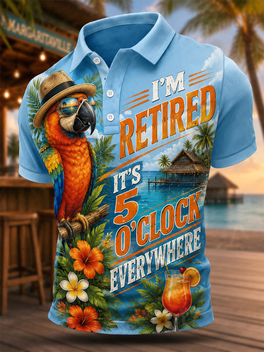 Men's I'm Retired It's 5 O'clock Everywhere Parrot Print Casual Polo