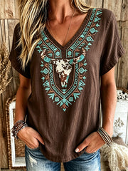 Women's western ethnic style printed casual cotton and linen short-sleeved T-shirt