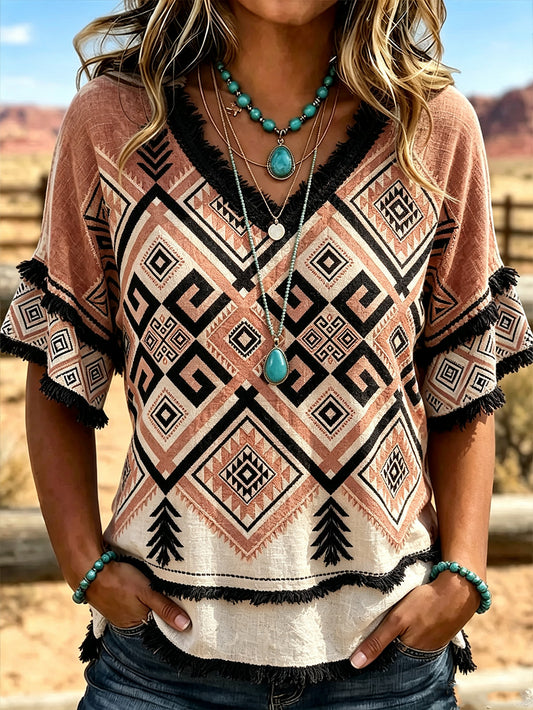 Women's western style ethnic pattern printed casual cotton and linen shirt