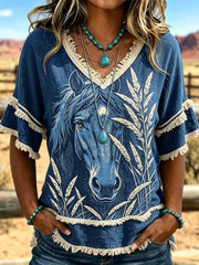 Women's western horse pattern ethnic style printed casual cotton and linen shirt