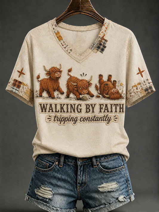 Women's Walking By Faith Tripping Constantly Highland Cow Short-sleeved T-shirt