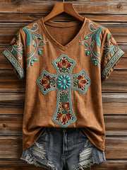 Women's Retro Western Floral Turquoise Cross Print Short-sleeved T-shirt