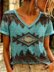 Women's Vintage Western Printed V-neck T-shirt